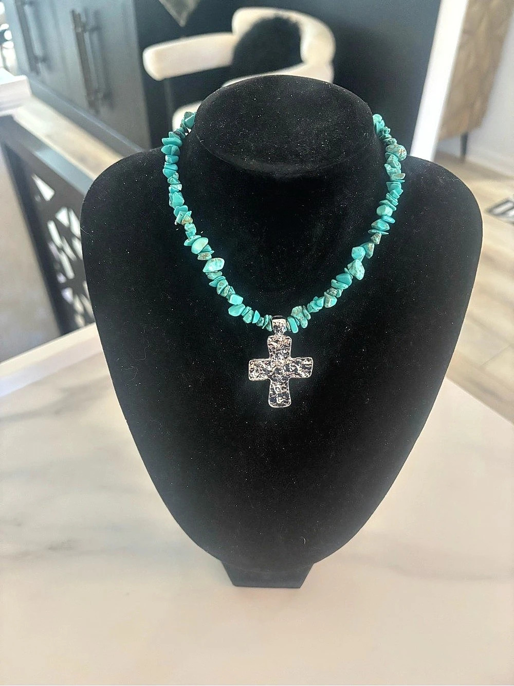 Turquoise Beaded Cross Pendant Necklace